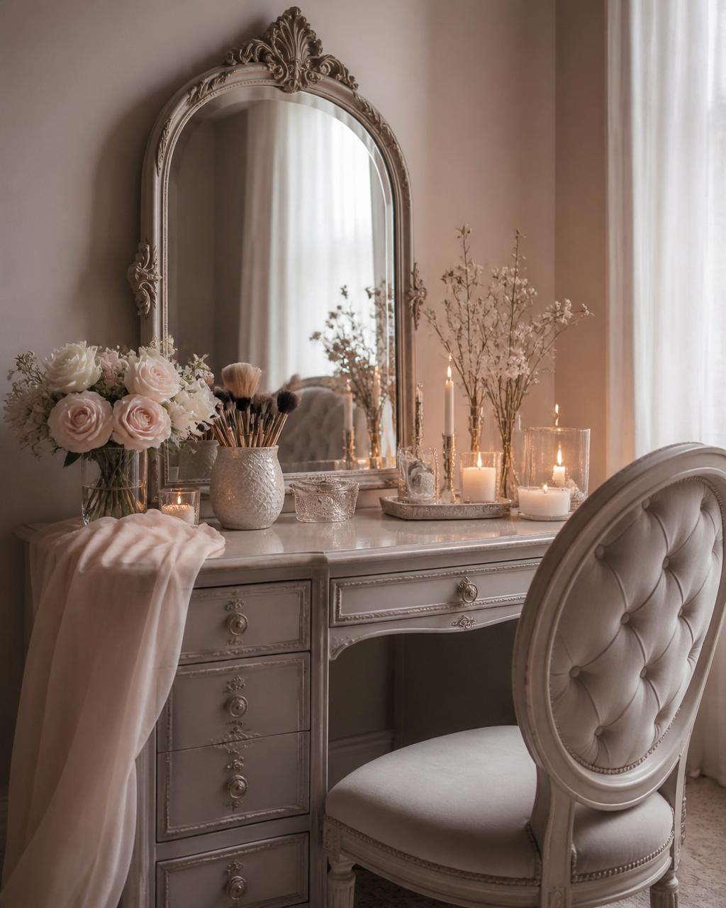 Elegant bridal makeup vanity with mirror, brushes, and soft candlelight