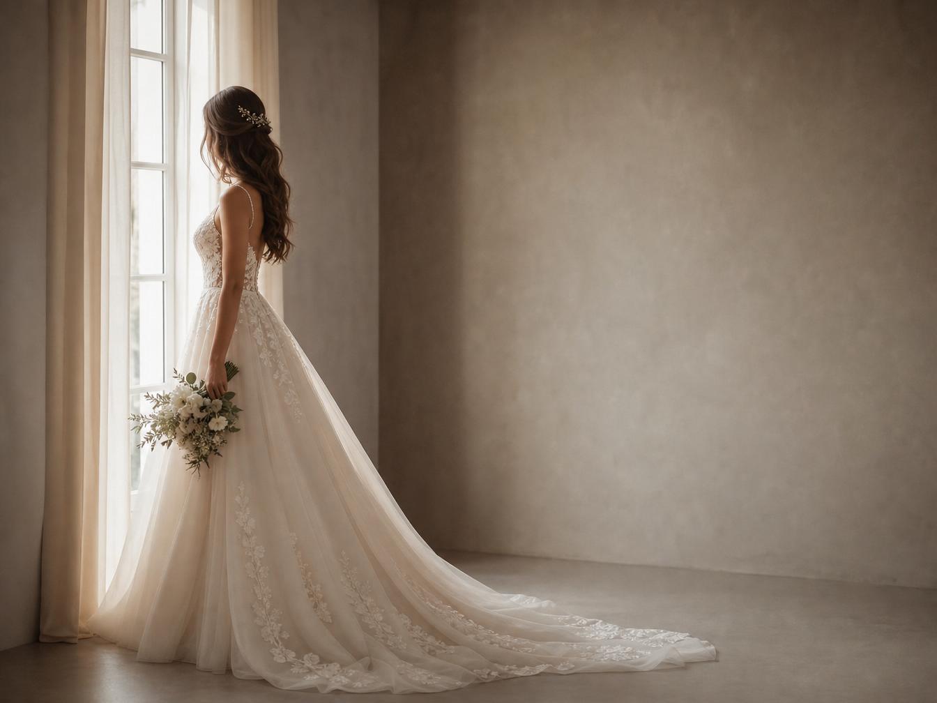 Brunette bride in a flowing gown standing by a window, gazing out at soft light
